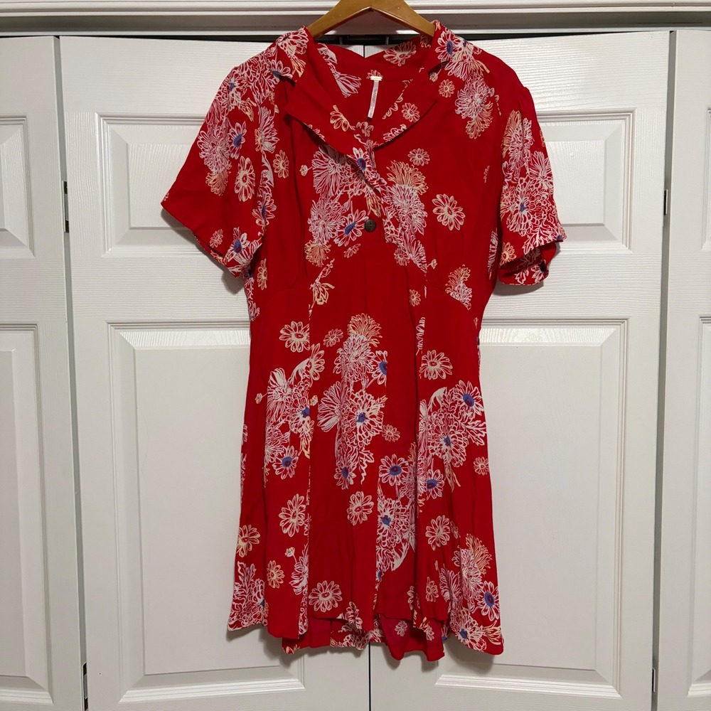 Free People Floral Mini Dress Womens L Red White Core Boho Western Coastal Indie